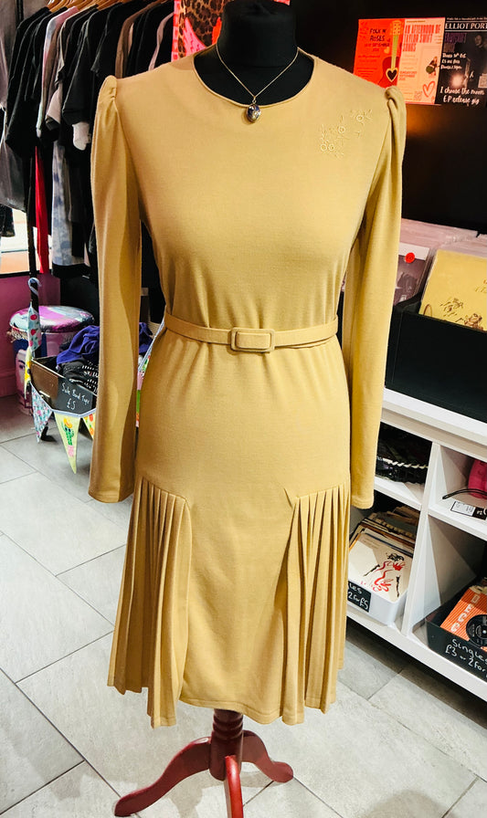 1960s Vintage Shubette of London Mustard Yellow Pleated Midi Dress- Size 14
