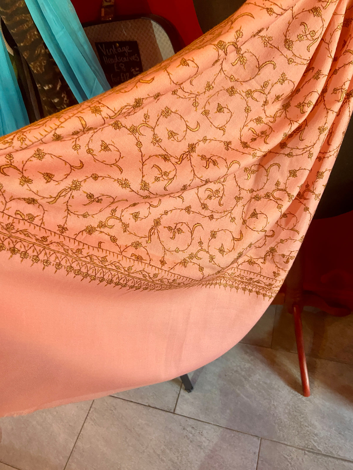 Salmon Pink Scarf with Intricate Embroidery