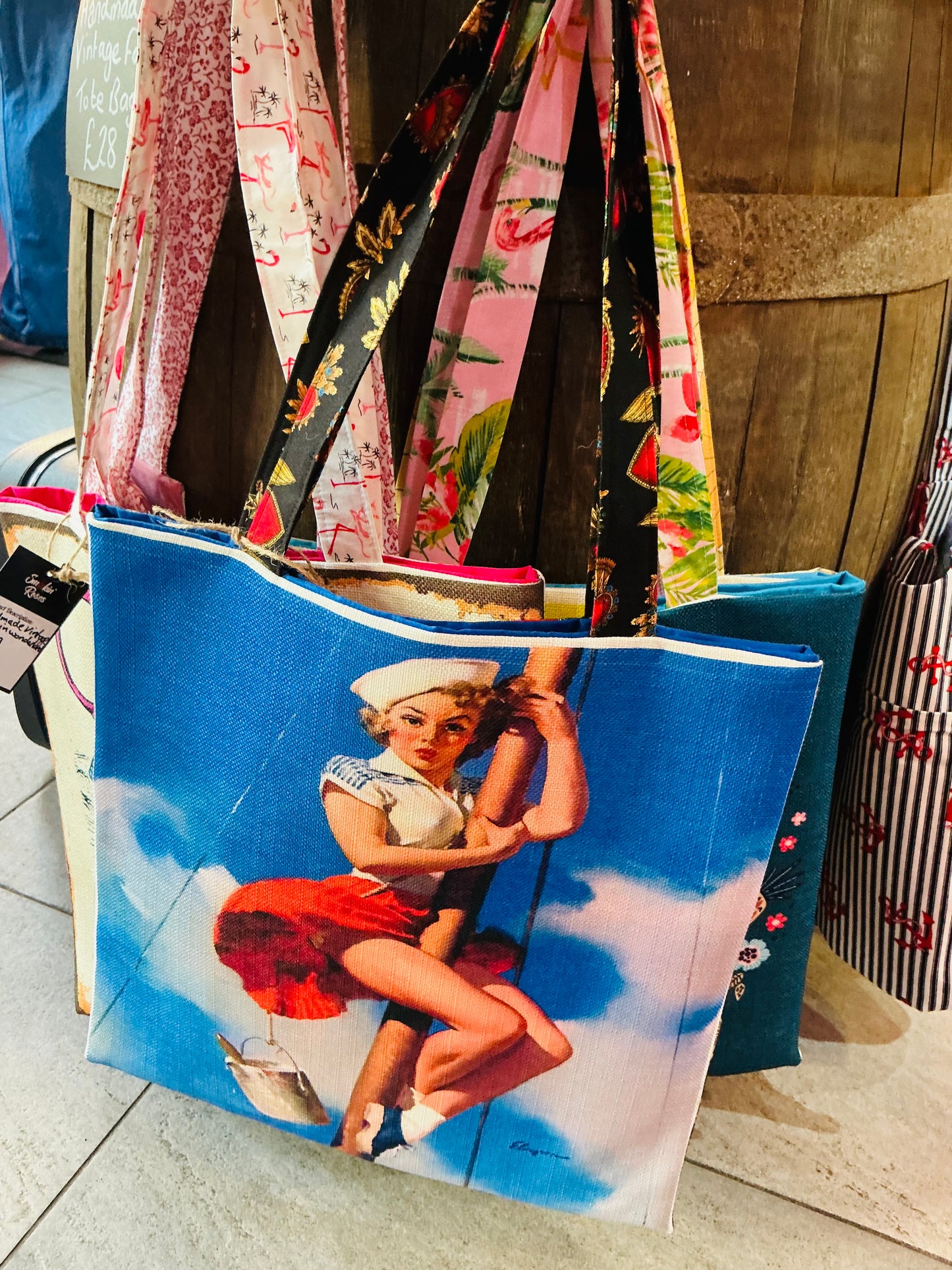 Handmade Vintage Fabric Pin Up Tote Bag