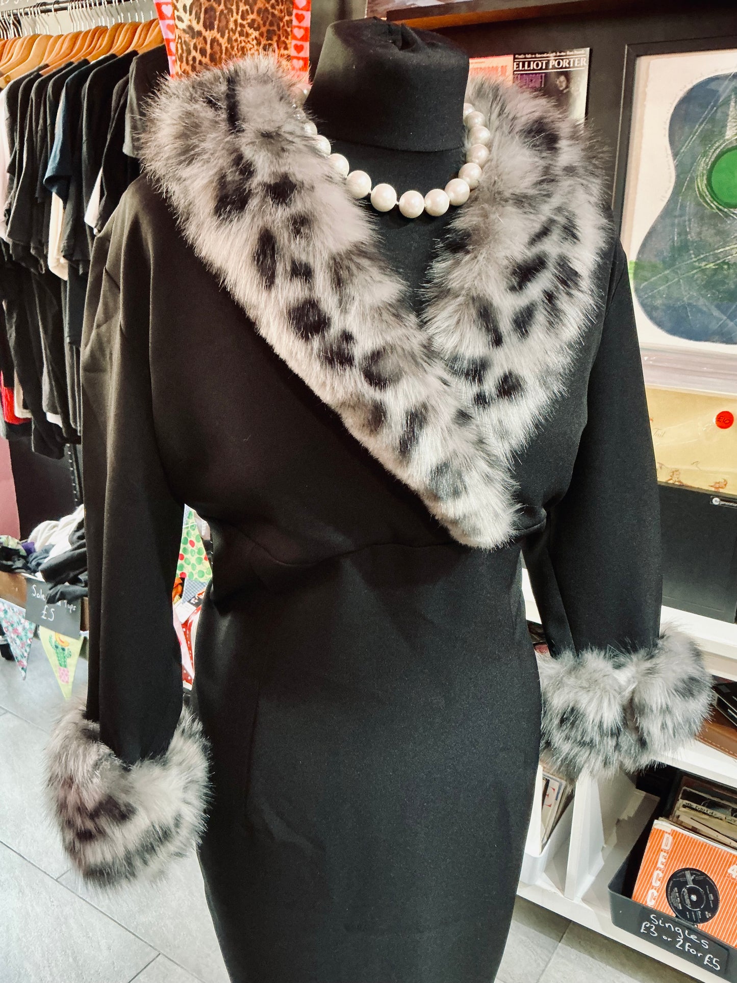 Black British Retro Faux Fur Lined Cocktail Dress