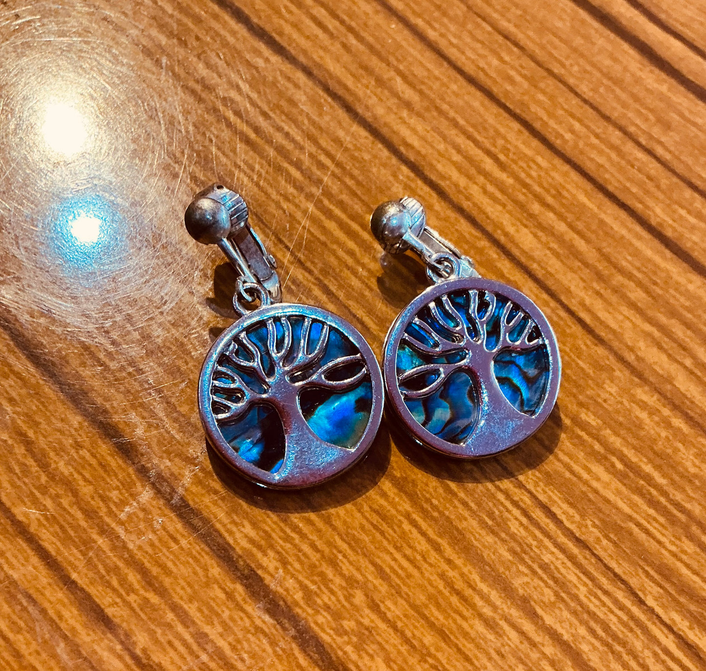 Tree of Life Abelone Shell Clip on Earrings