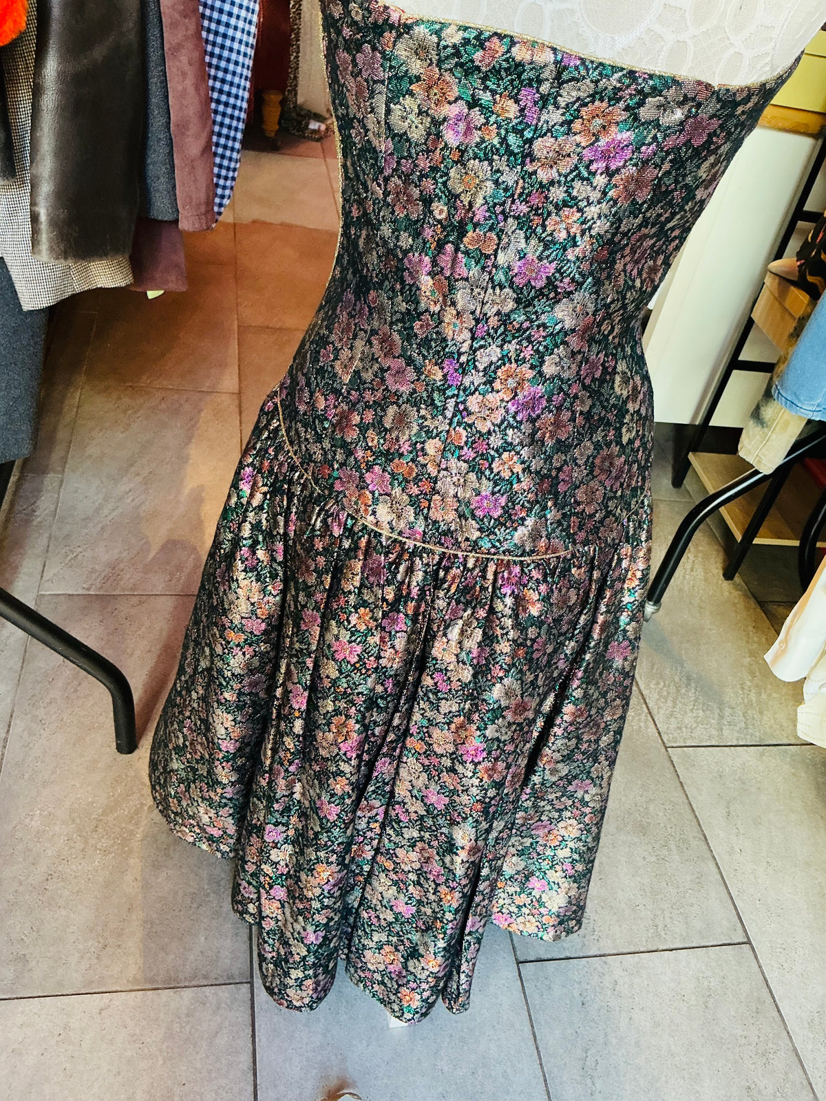 1980s Vintage Frank Usher Glittery Floral Strapless Cocktail Dress