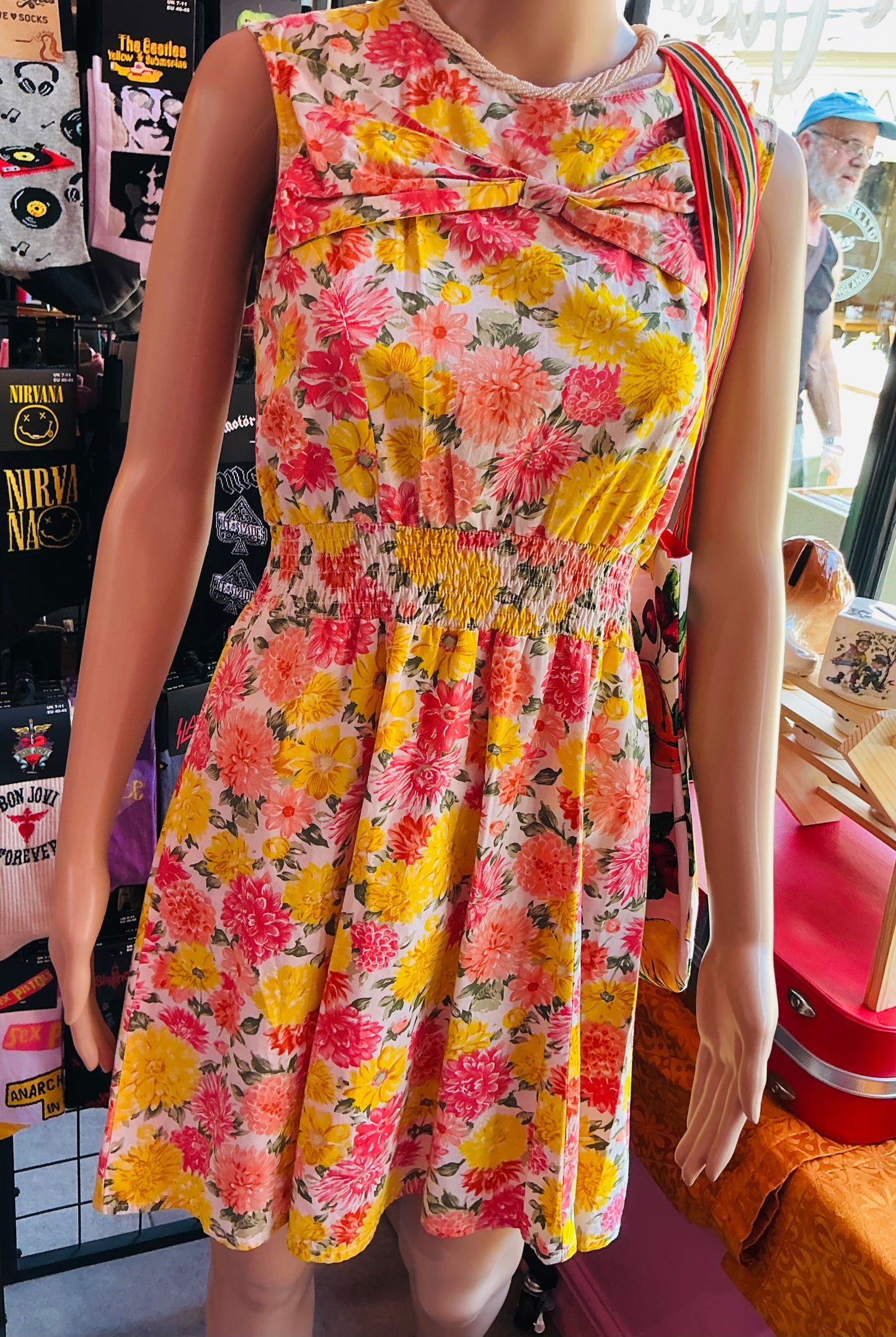 1960s Style Trollied Dolly Pink and Yellow Floral Summer Dress
