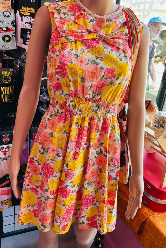 1960s Style Trollied Dolly Pink and Yellow Floral Summer Dress