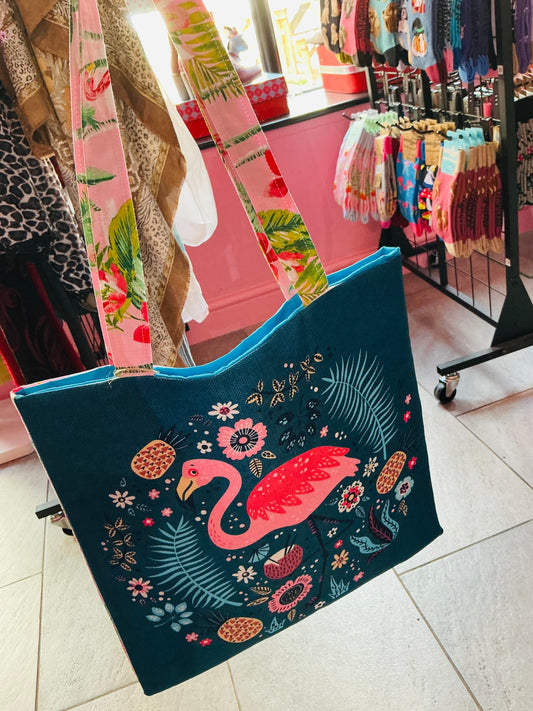 Handmade Vintage Fabric Flamingo Tote Bag