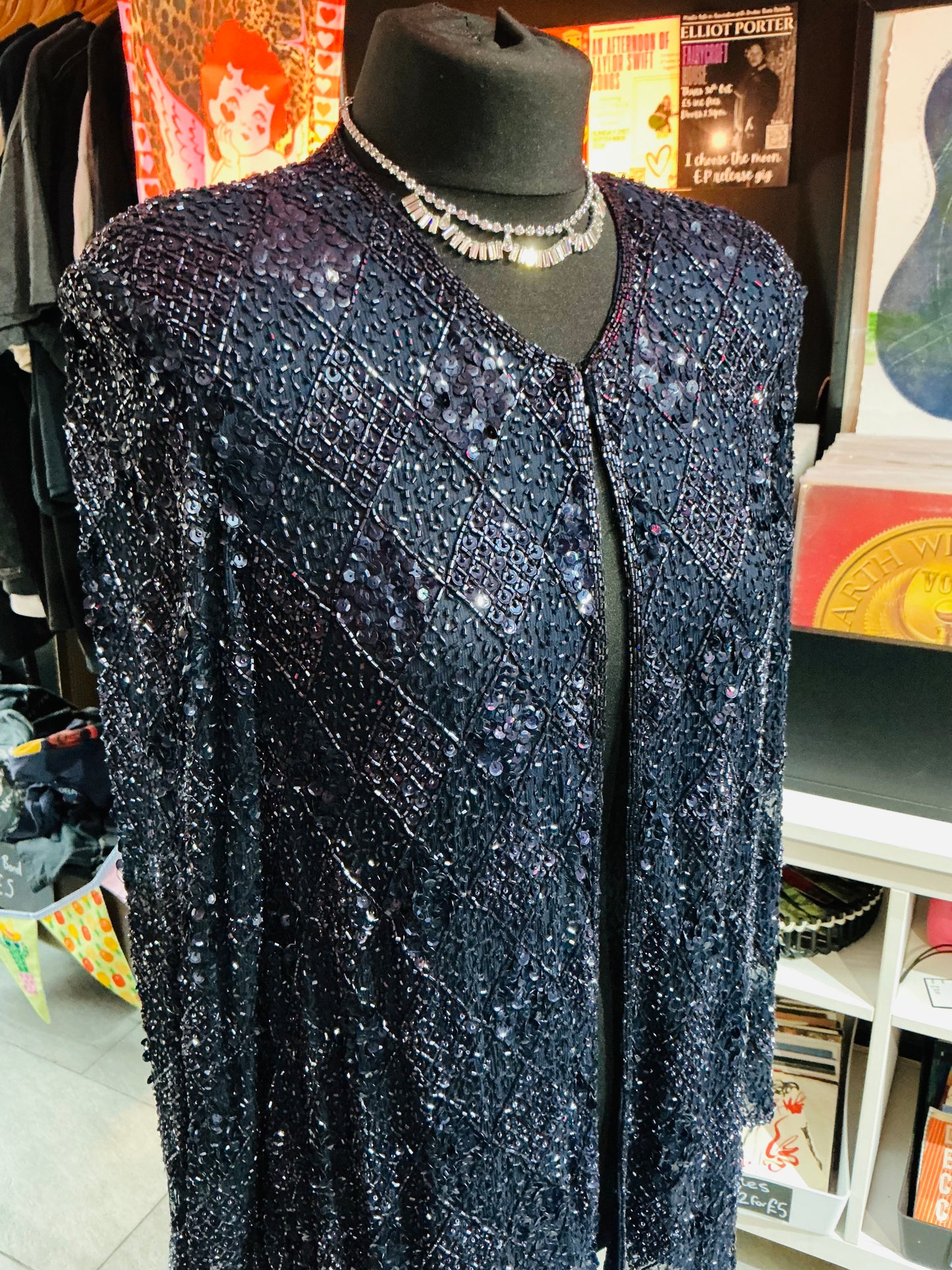 1980s Vintage Frank Usher Navy Glittery Beaded Jacket