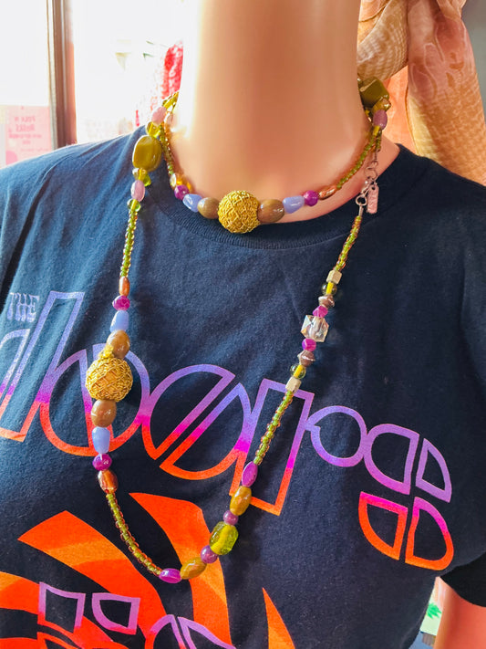 1990s Vintage East Purple and Green Beaded Necklace 