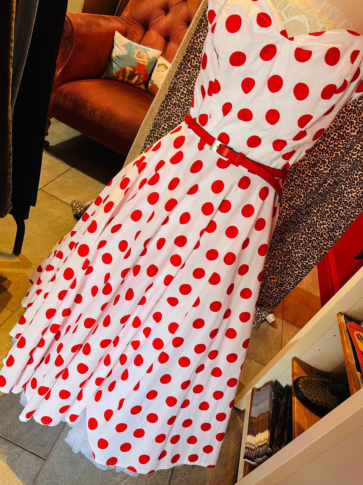 1950s Style White and Red Polka Dot Swing Dress