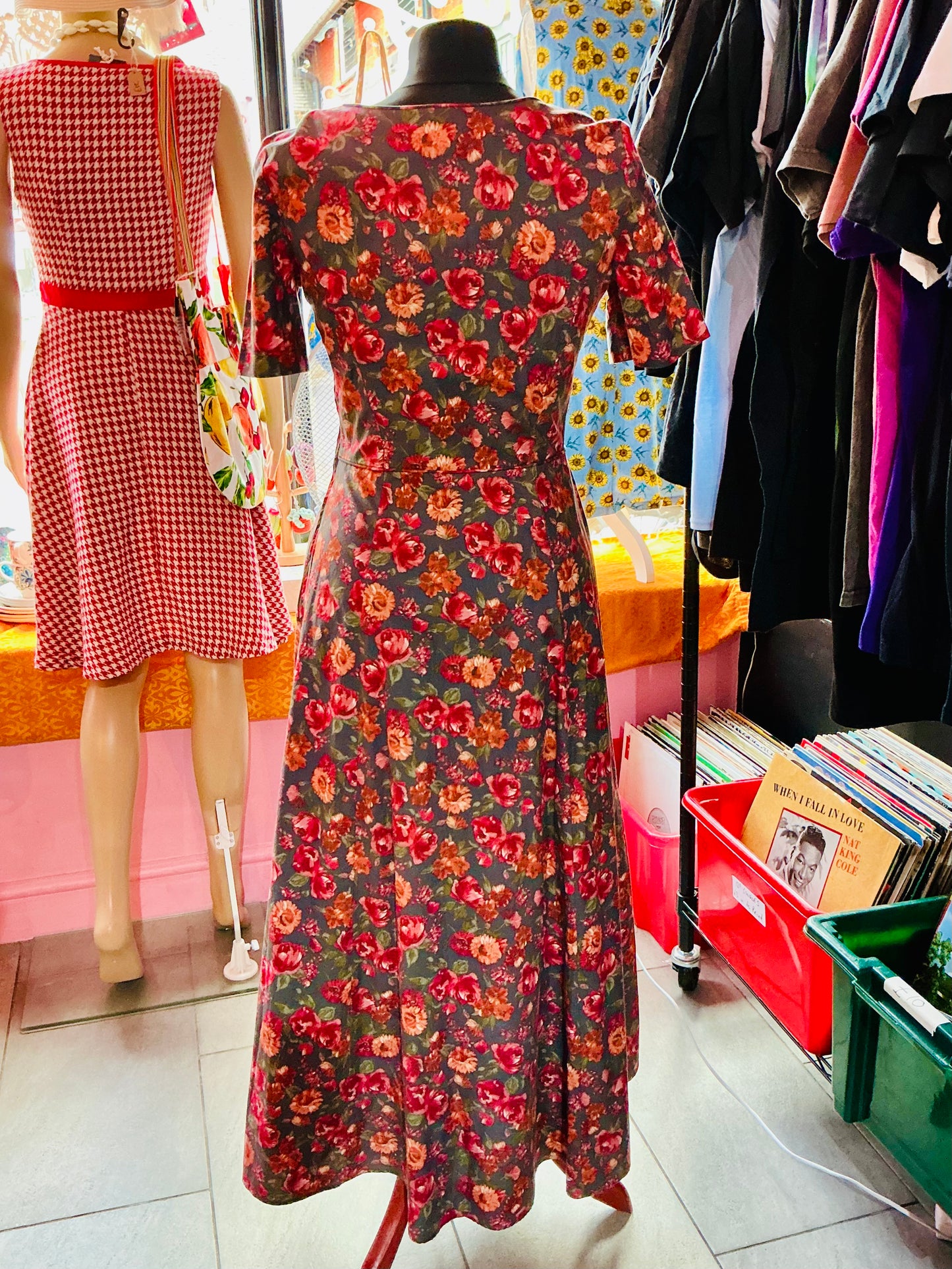 1980s Vintage Laura Ashley Red Floral Rose Tea Dress