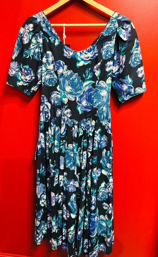 1980s Vintage Laura Ashley Blue Floral Rose Tea Dress