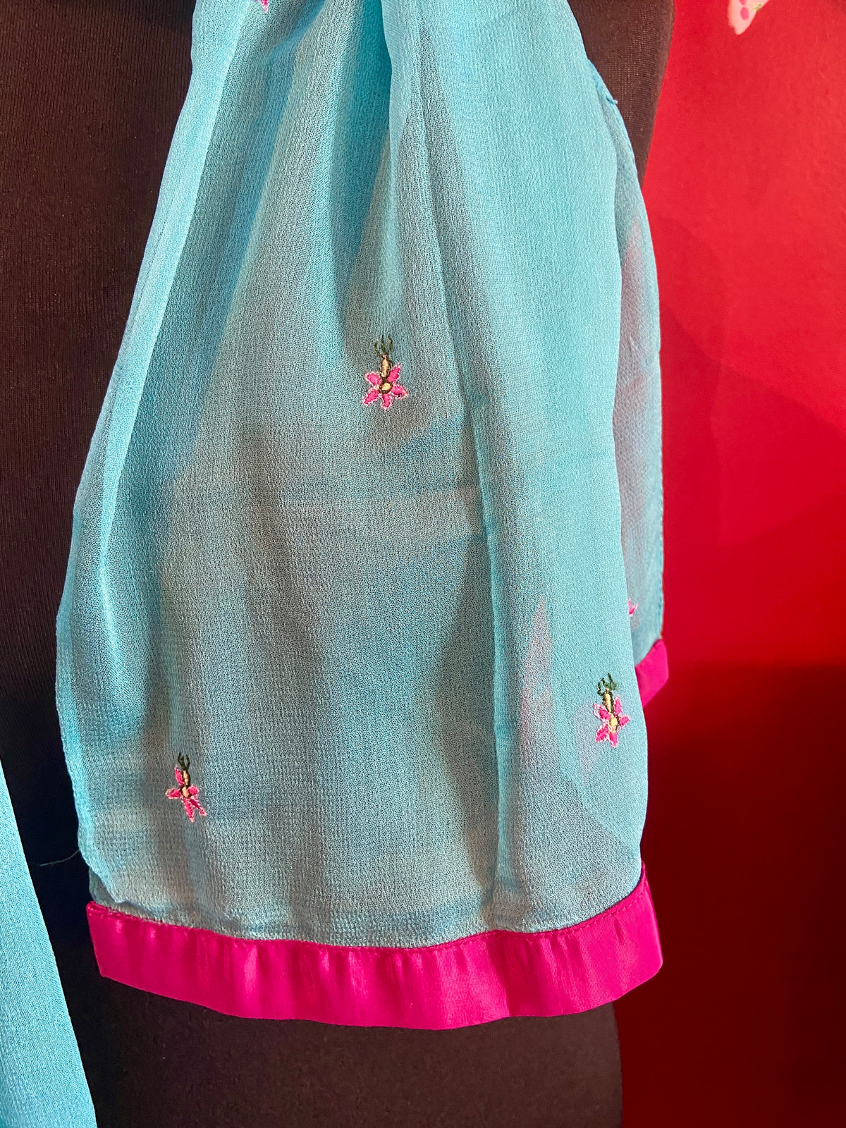 Vibrant Blue Sheer Scarf with Hot Pink Details