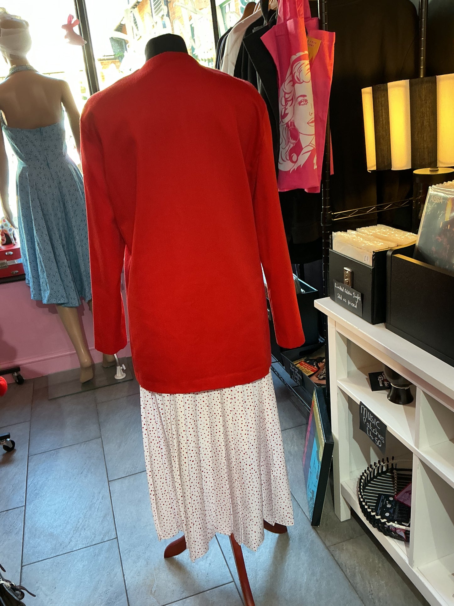 1980s Vintage Red Jacket and White Polka Dot Skirt Set