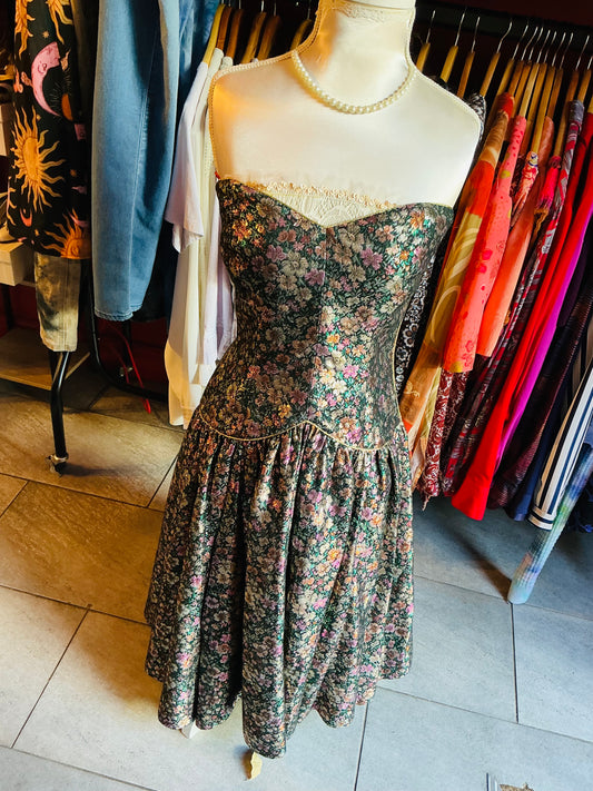 1980s Vintage Frank Usher Glittery Floral Strapless Cocktail Dress