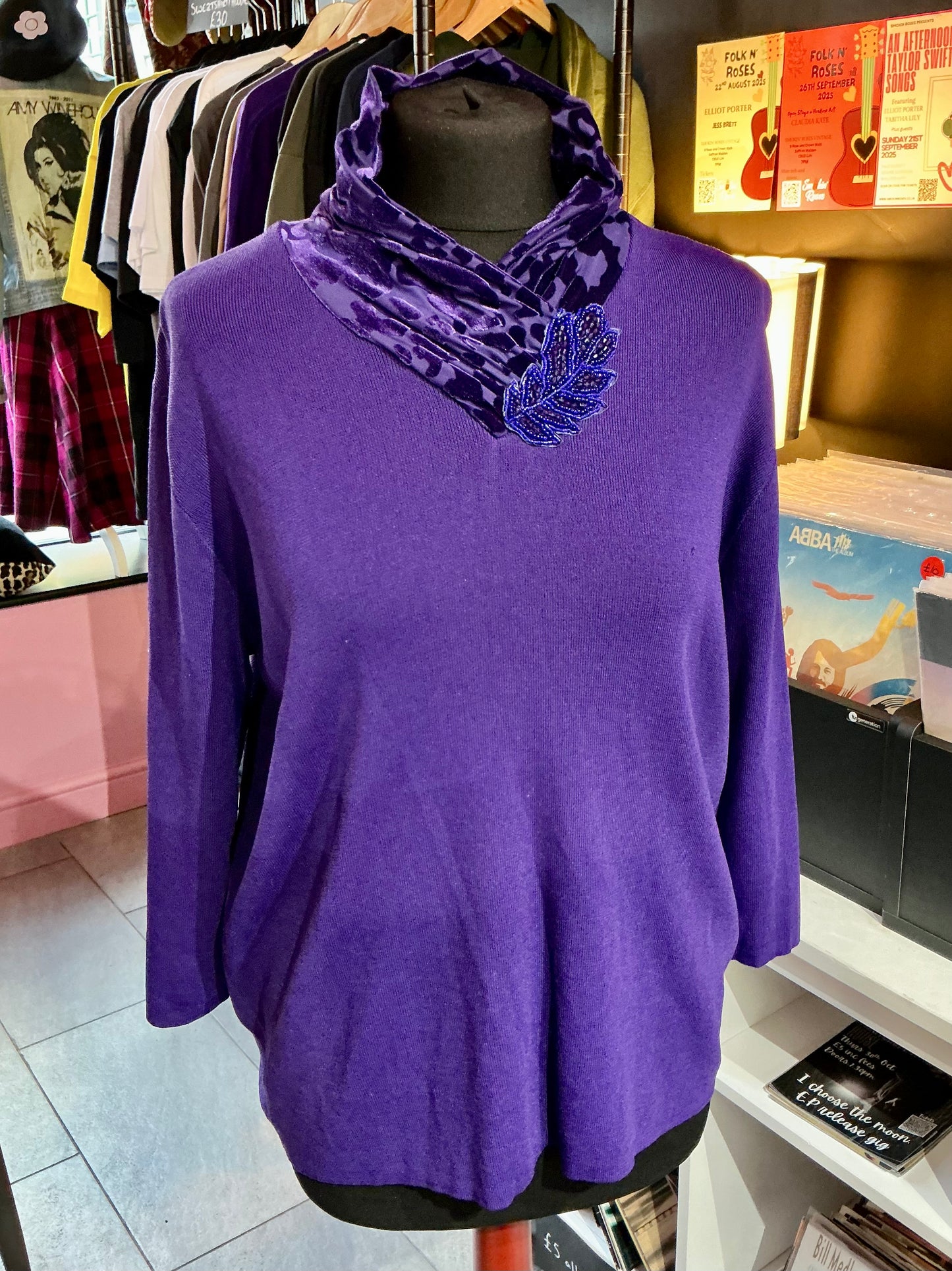 1980s Vintage Purple High Neck Jumper