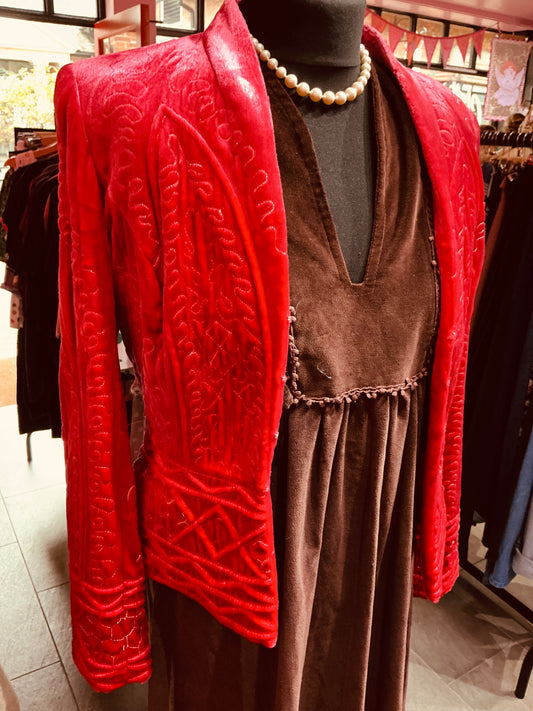 1990s Vintage Retro Embroidered Red Velvet Jacket