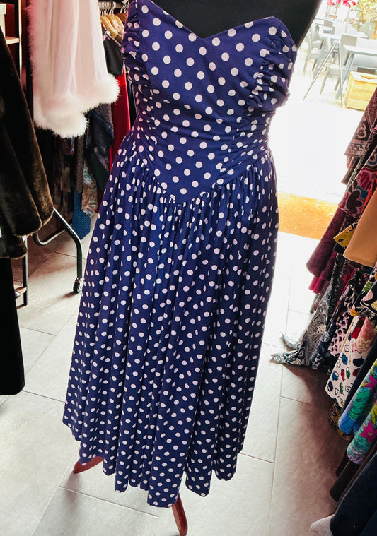 1980s Vintage Laura Ashley Blue Polka Dot Strapless Swing Dress