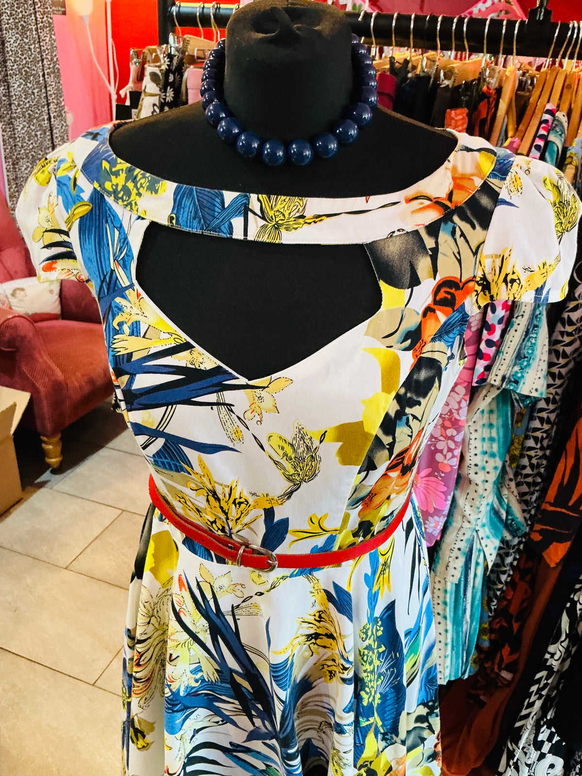 1950s Style Yellow and Blue Floral Swing Dress