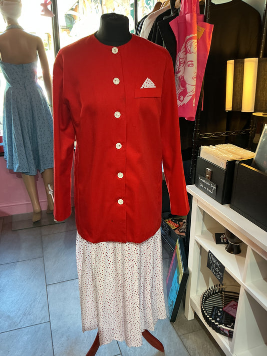 1980s Vintage Red Jacket and White Polka Dot Skirt Set