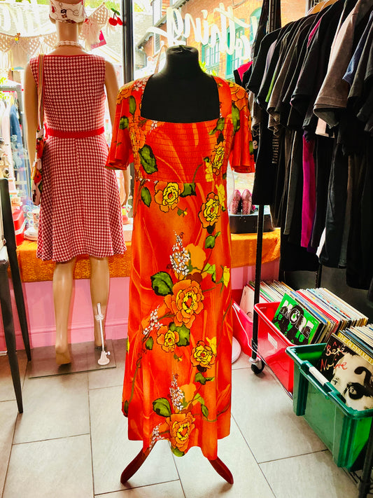 1970s Vintage Young Hawaii Mark Christopher Orange floral Maxi Dress