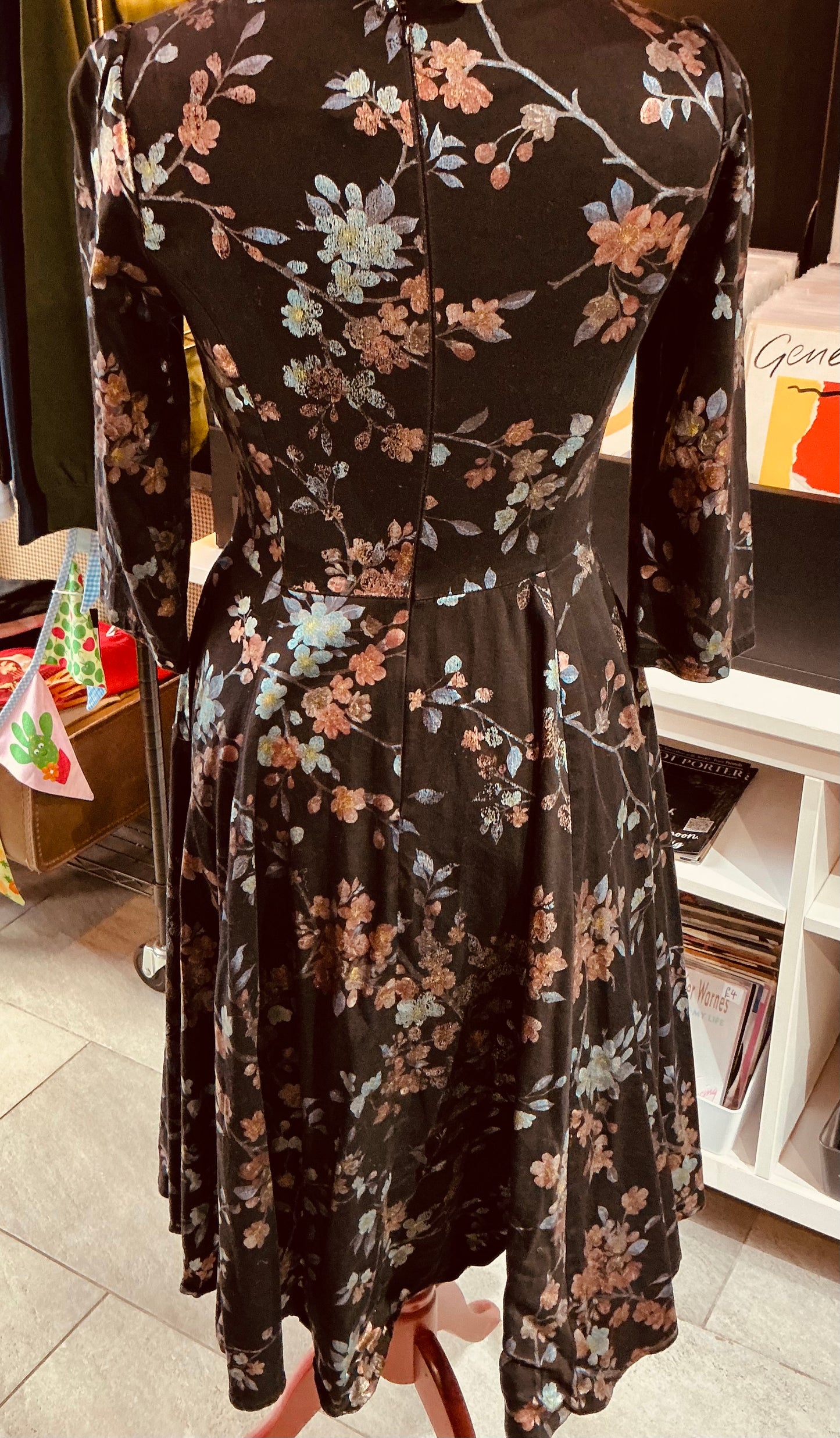 Hearts and Roses 1950s Style Black Silver Leaf Swing Dress