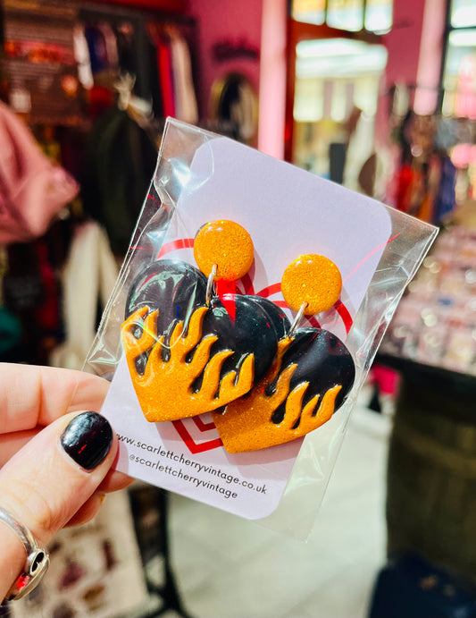 Handmade Y2K Style Orange Flaming Heart Earrings