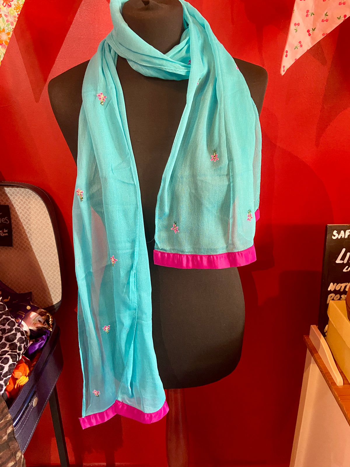 Vibrant Blue Sheer Scarf with Hot Pink Details