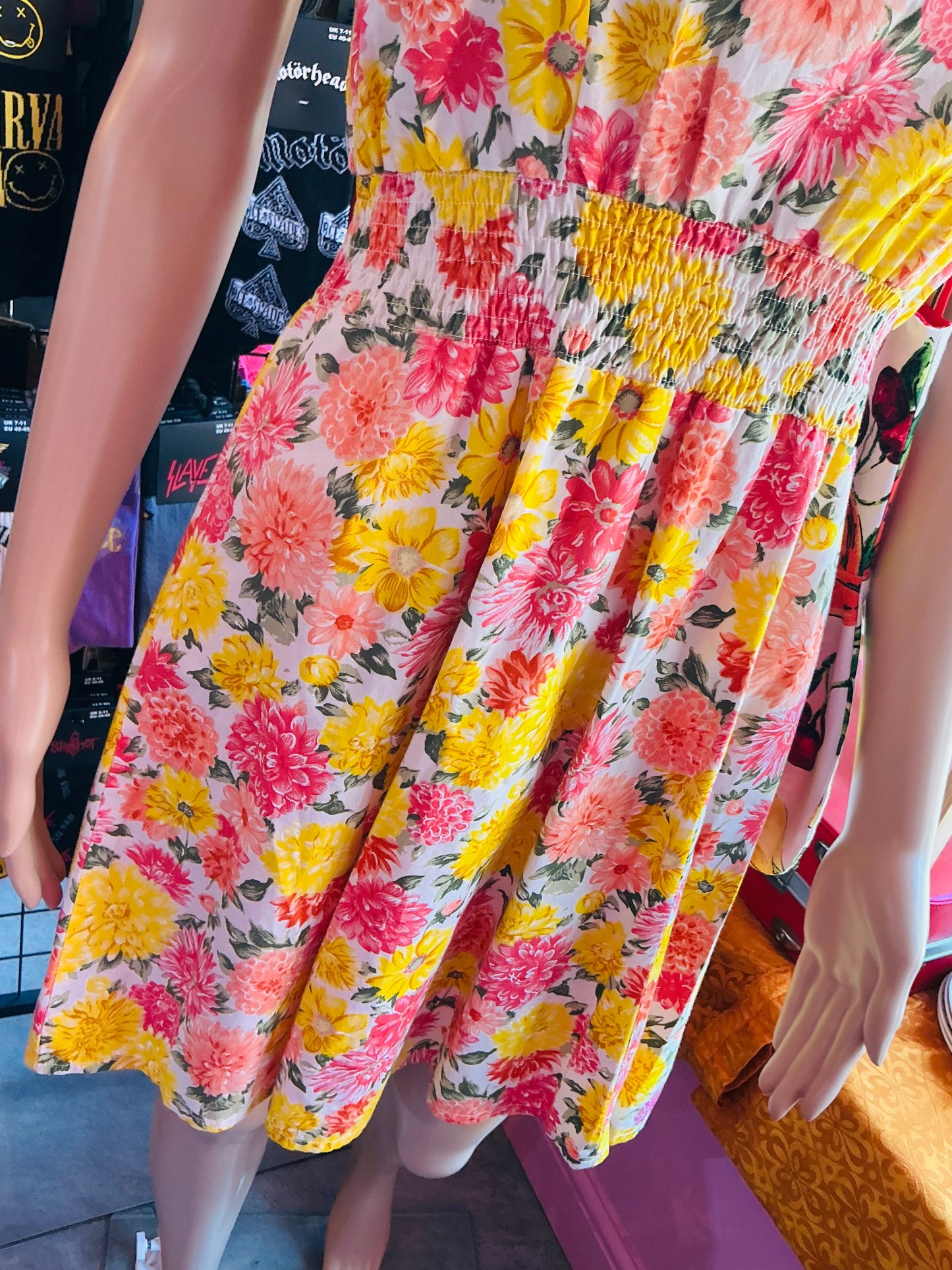 1960s Style Trollied Dolly Pink and Yellow Floral Summer Dress