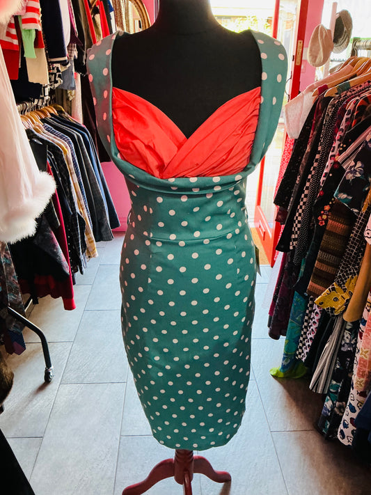 Turquoise Polka Dot 50s Style Lindy Bop Wiggle Dress 