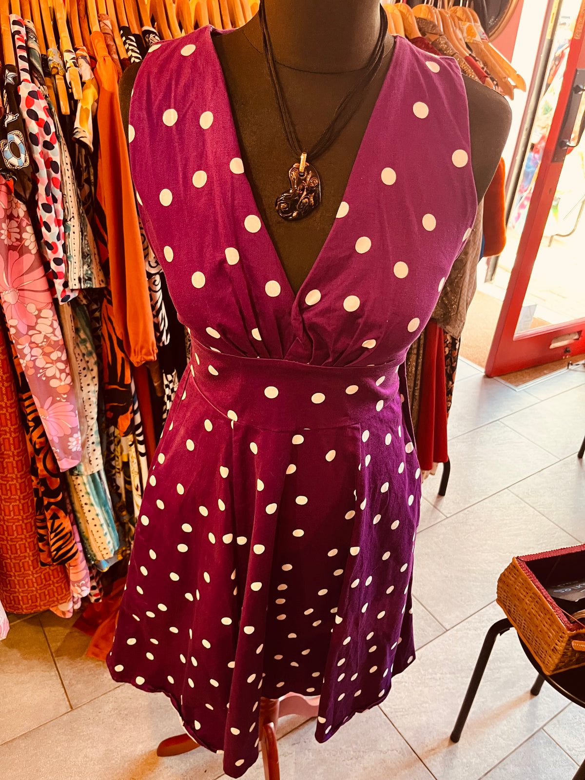 1950s Style Purple and White Polka Dot Dolly and Dotty Swing Dress