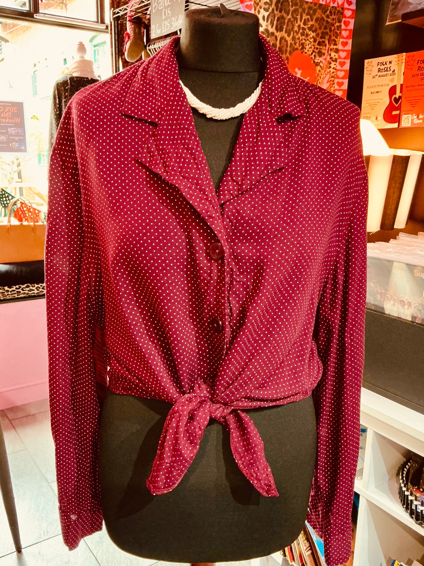 1980s Debenhams Burgundy Polka Dot Shirt