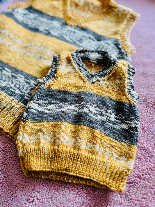 Mustard and Grey Mini Me Hand Knitted Vest