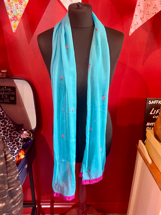 Vibrant Blue Sheer Scarf with Hot Pink Details