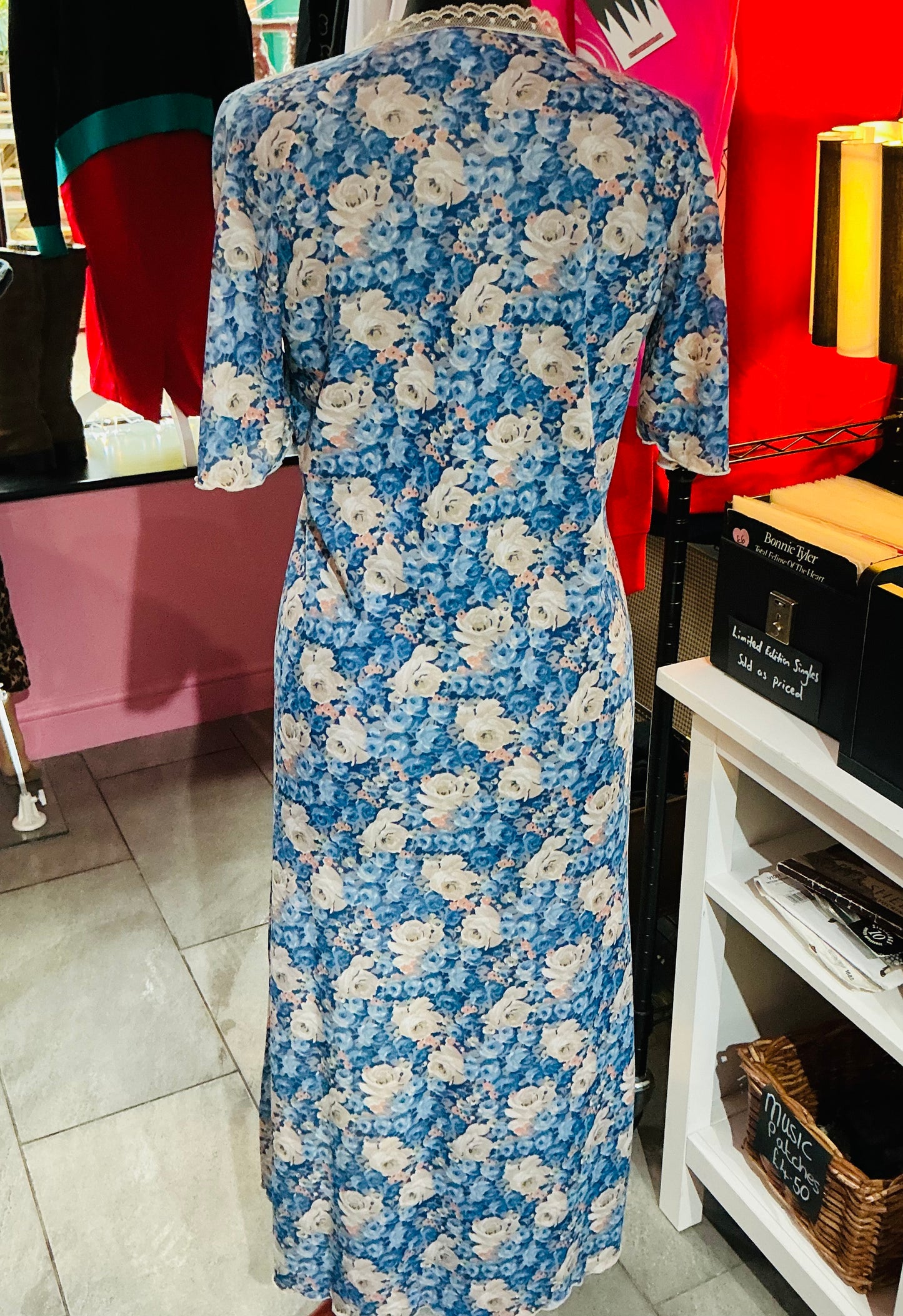 1970s Blue Floral Tea Dress