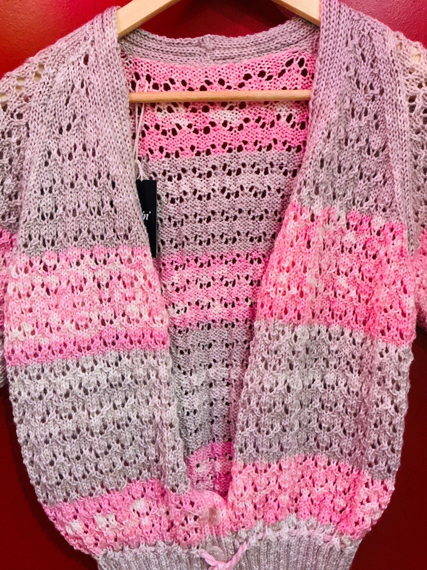 Hand Knit Grey and Pink Crochet Vintage Cardigan