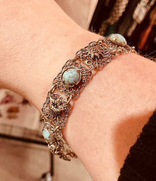 1970s Vintage Silver Tone Marcasite and Turquoise Bracelet 