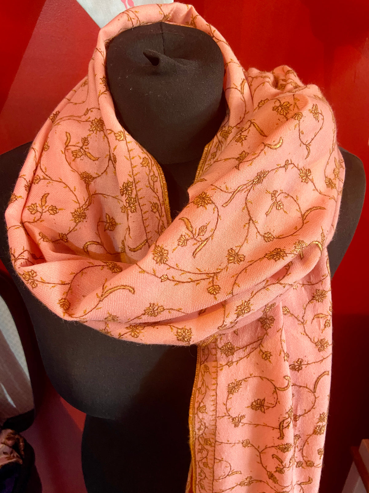 Salmon Pink Scarf with Intricate Embroidery
