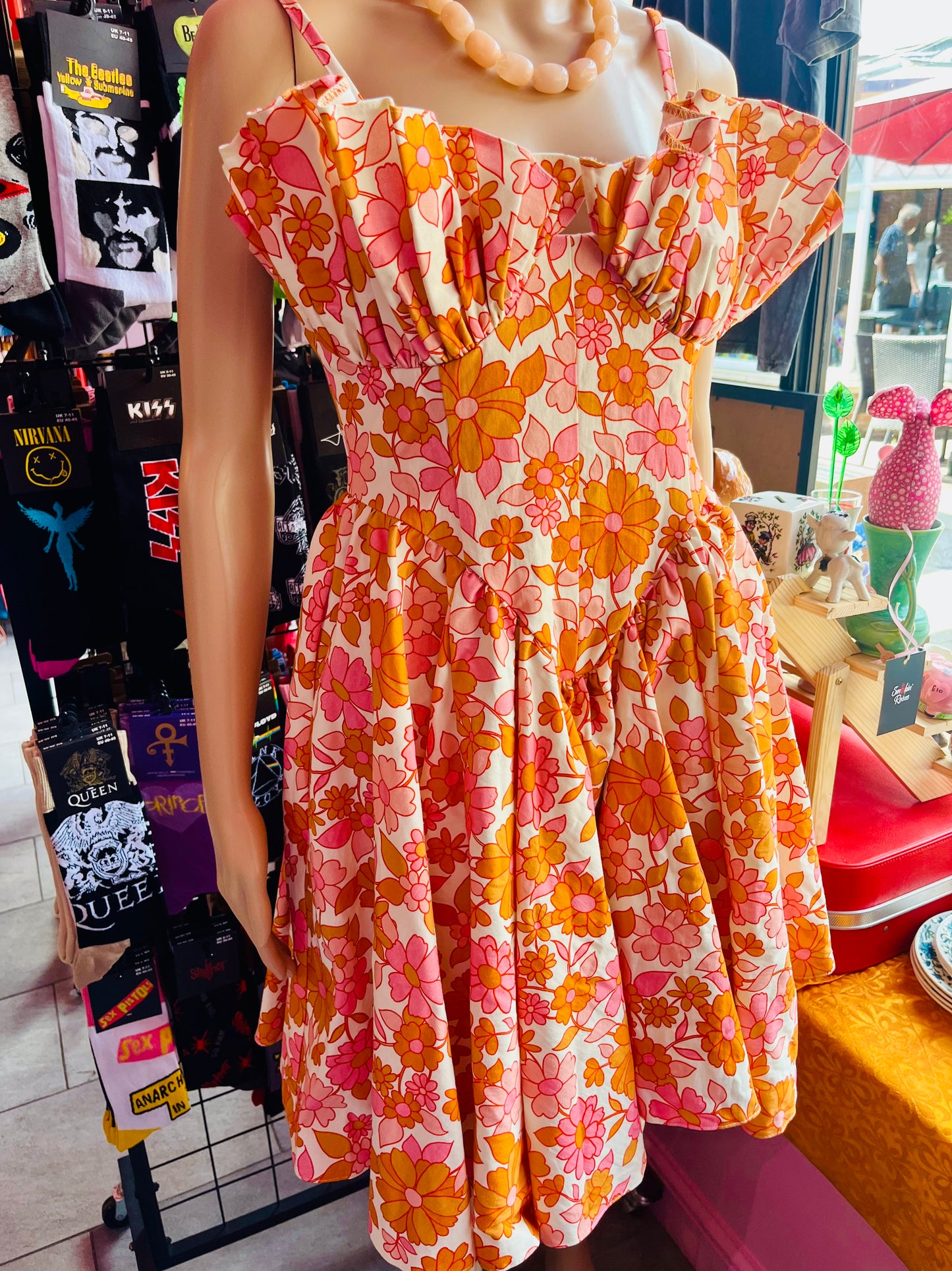 1960s Vintage Orange and Pink Retro Floral Tea Dress