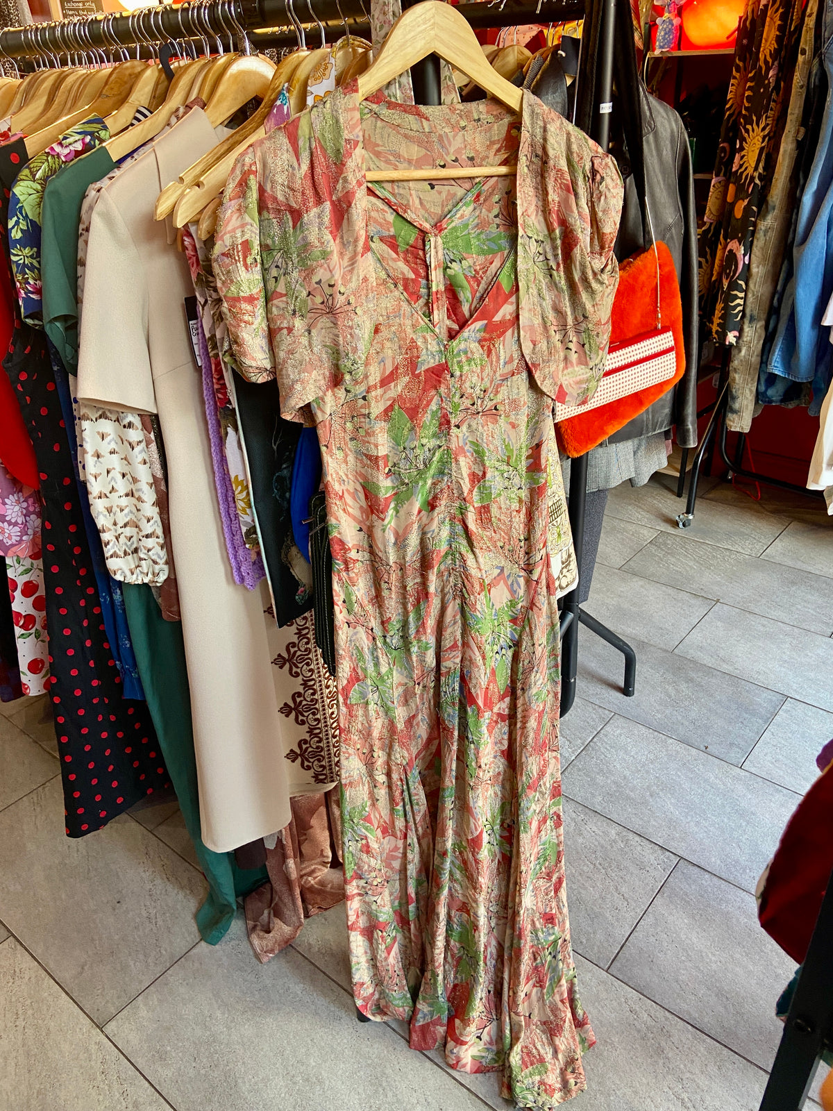 1930s Glitter Embossed Silk Evening Dress & Bolero