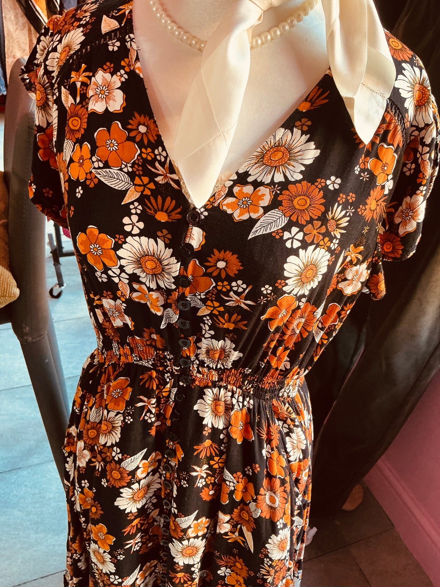 1970s Orange Floral Stella Morgan Tea Dress