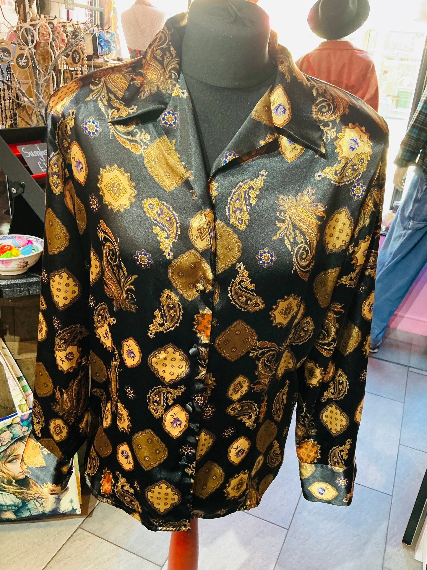 1980s Vintage Black and Gold Satin Patterned Shirt