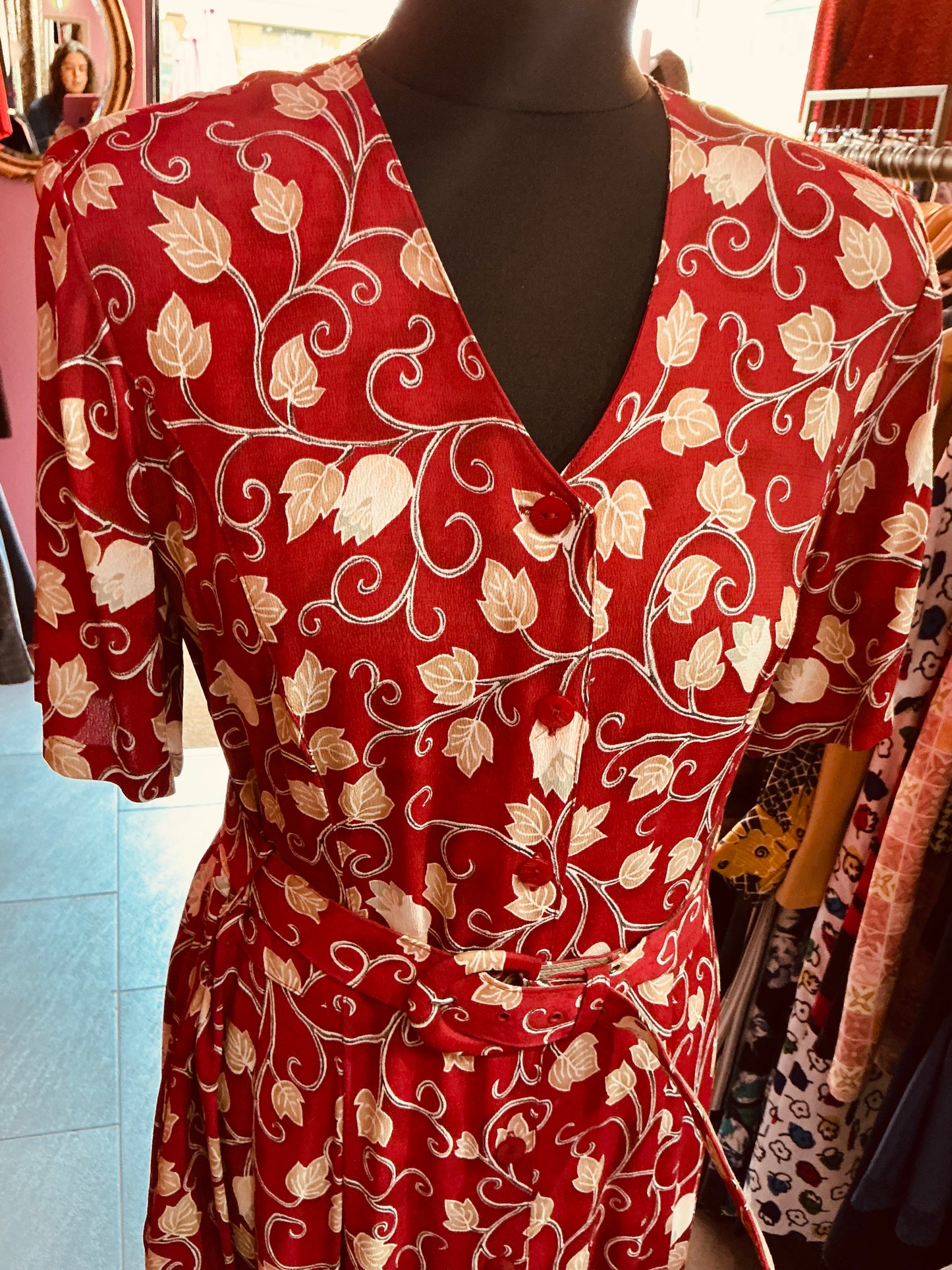 1980s Vintage St Michael Bugundy Leaves Mdi Dress with Belt