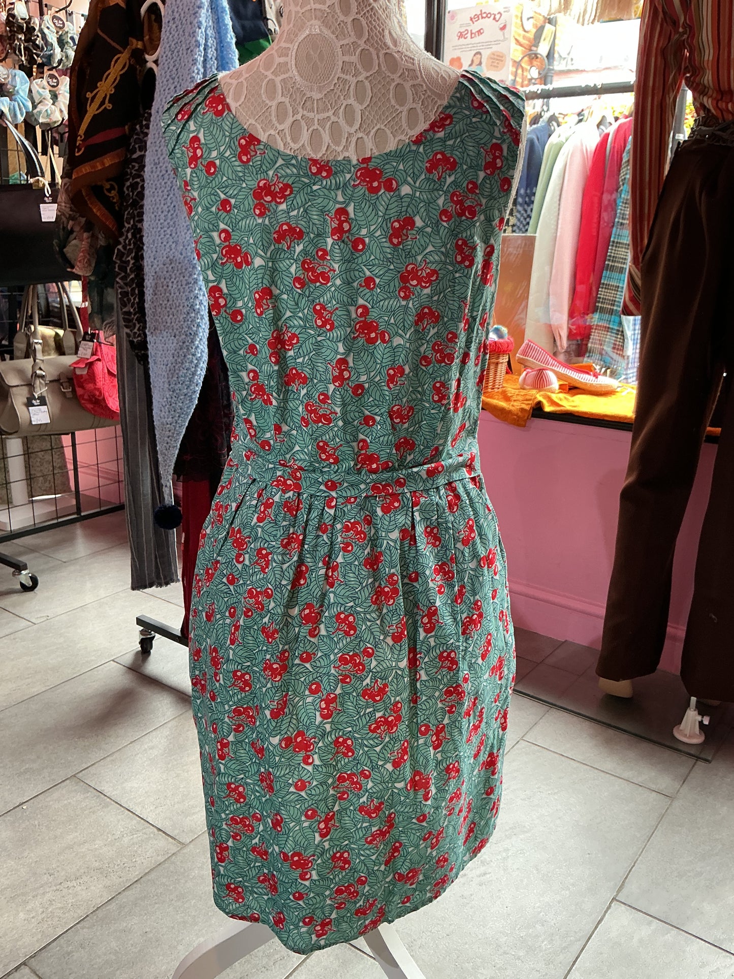 Turquoise Leaves & Red Cherry Print Oliver Bonas Tea Dress