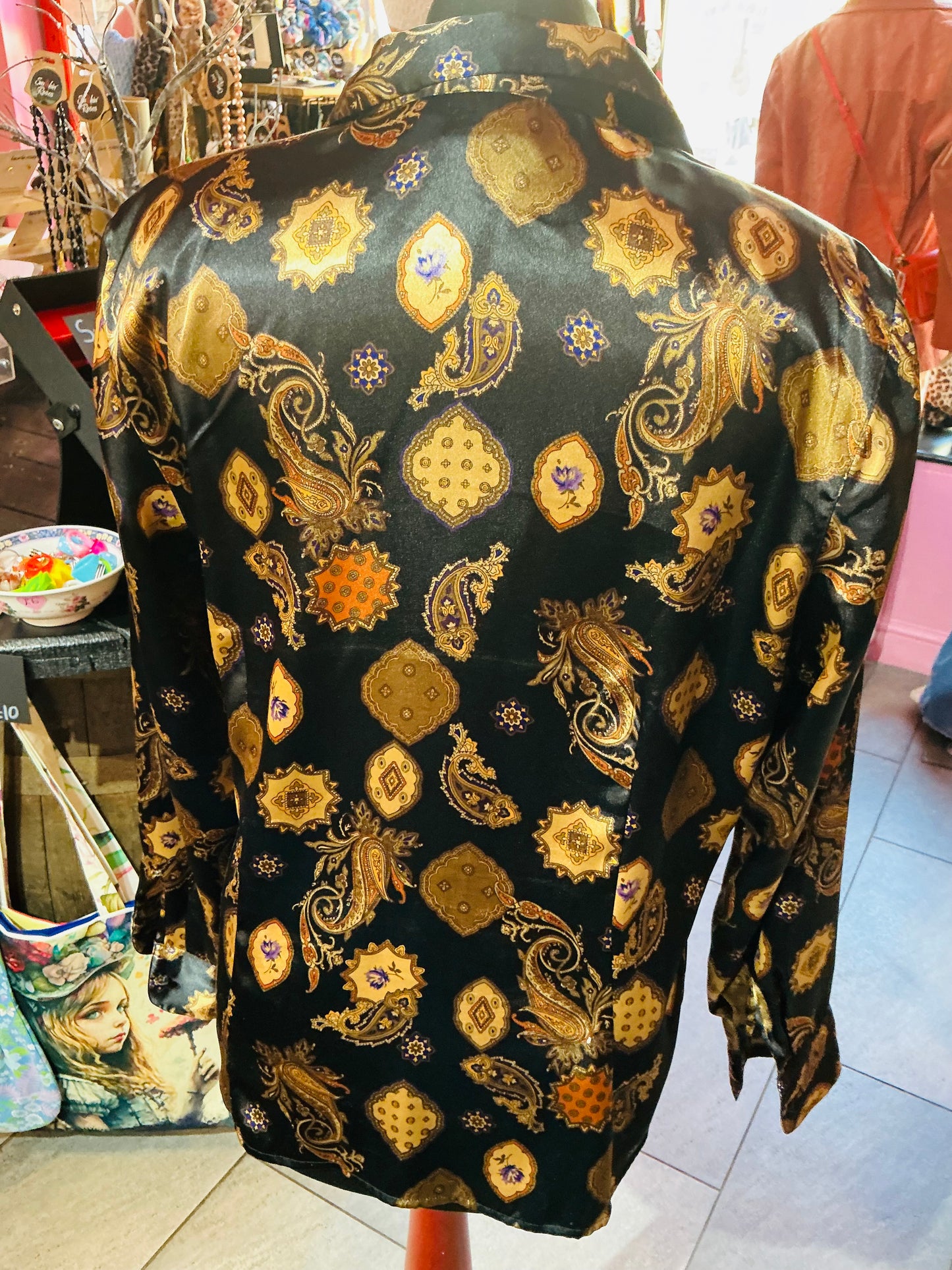 1980s Vintage Black and Gold Satin Patterned Shirt