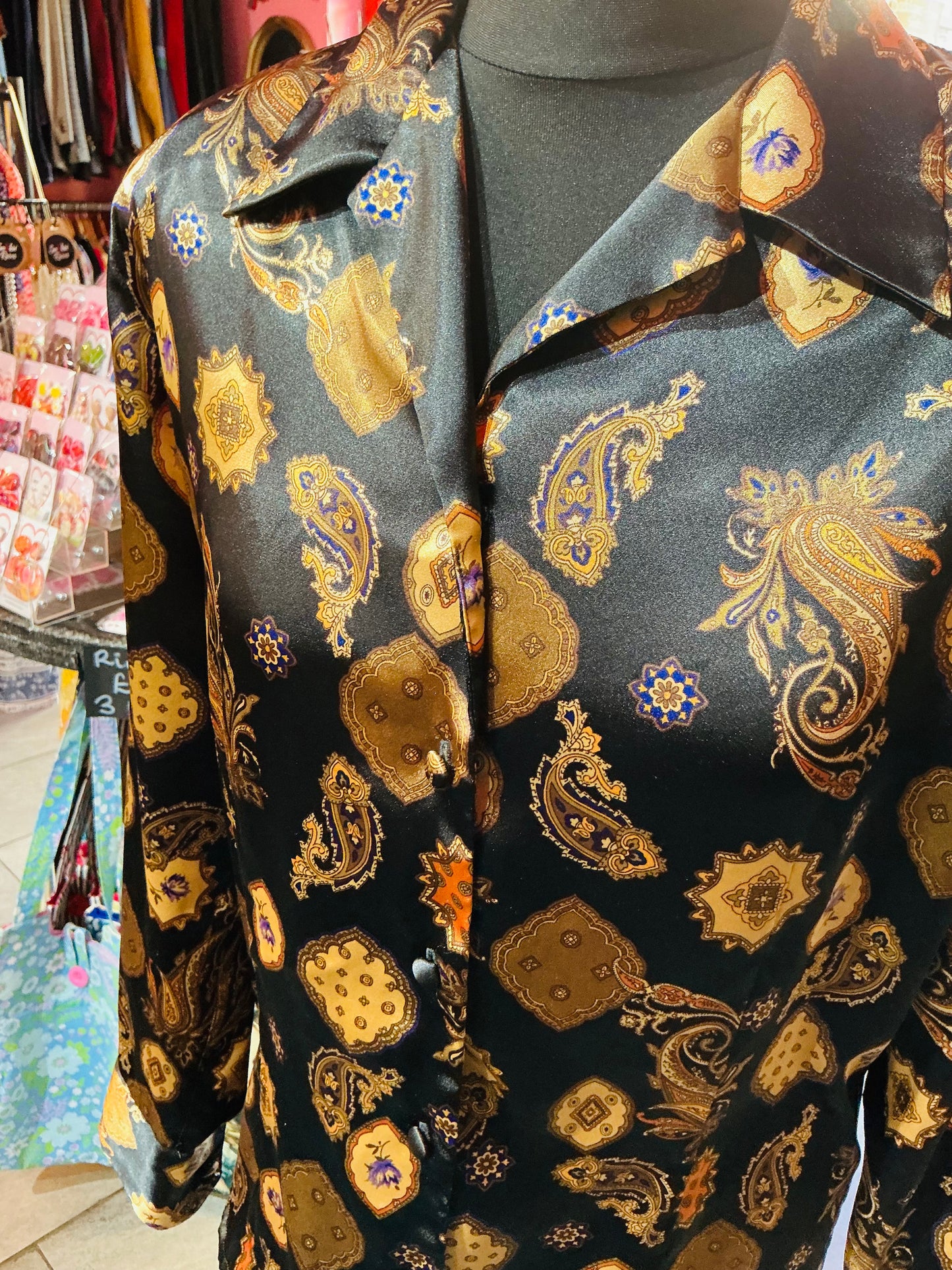 1980s Vintage Black and Gold Satin Patterned Shirt
