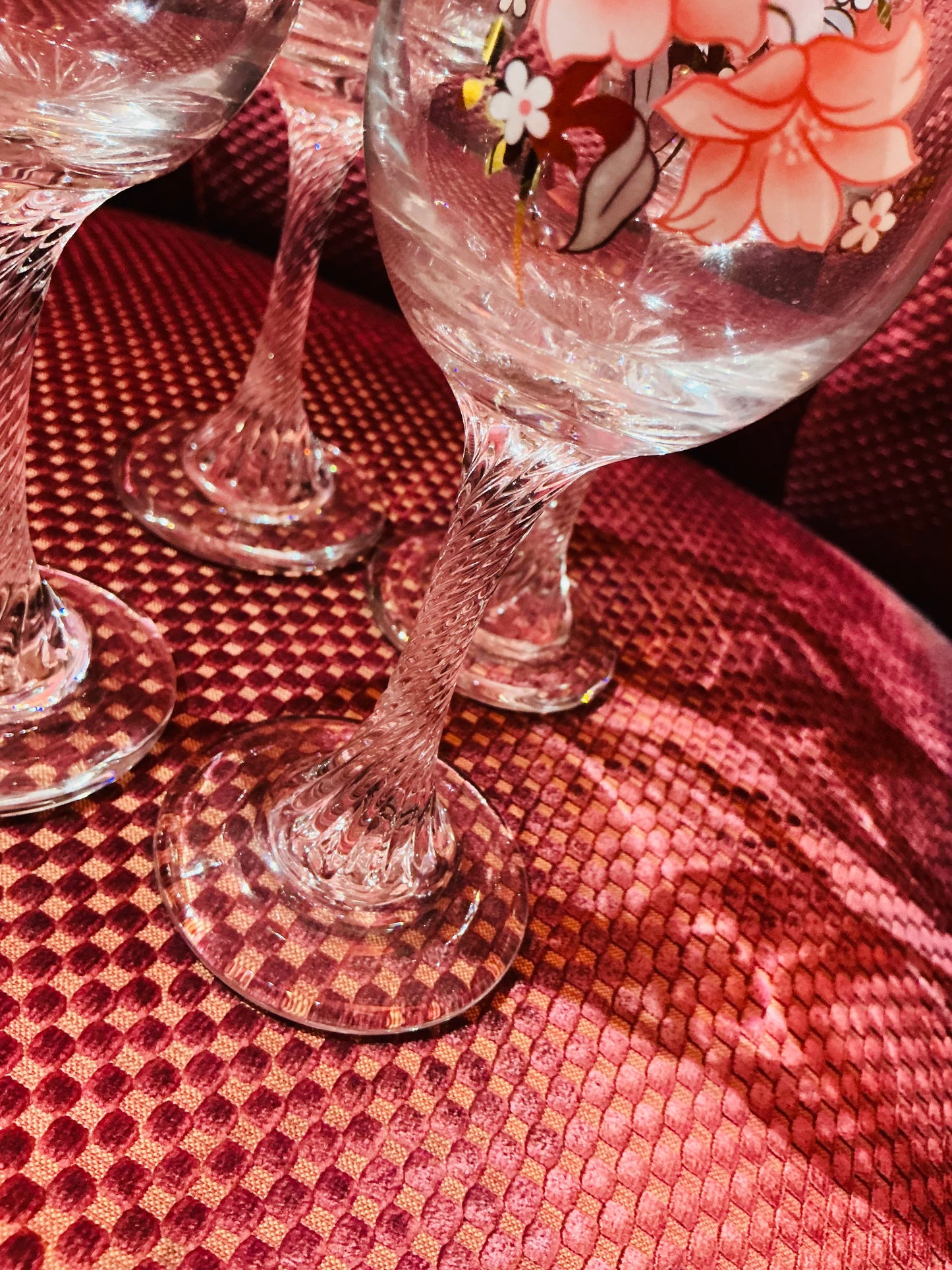 1980s Luminarc Japanese Floral Twisted Stem Glasses