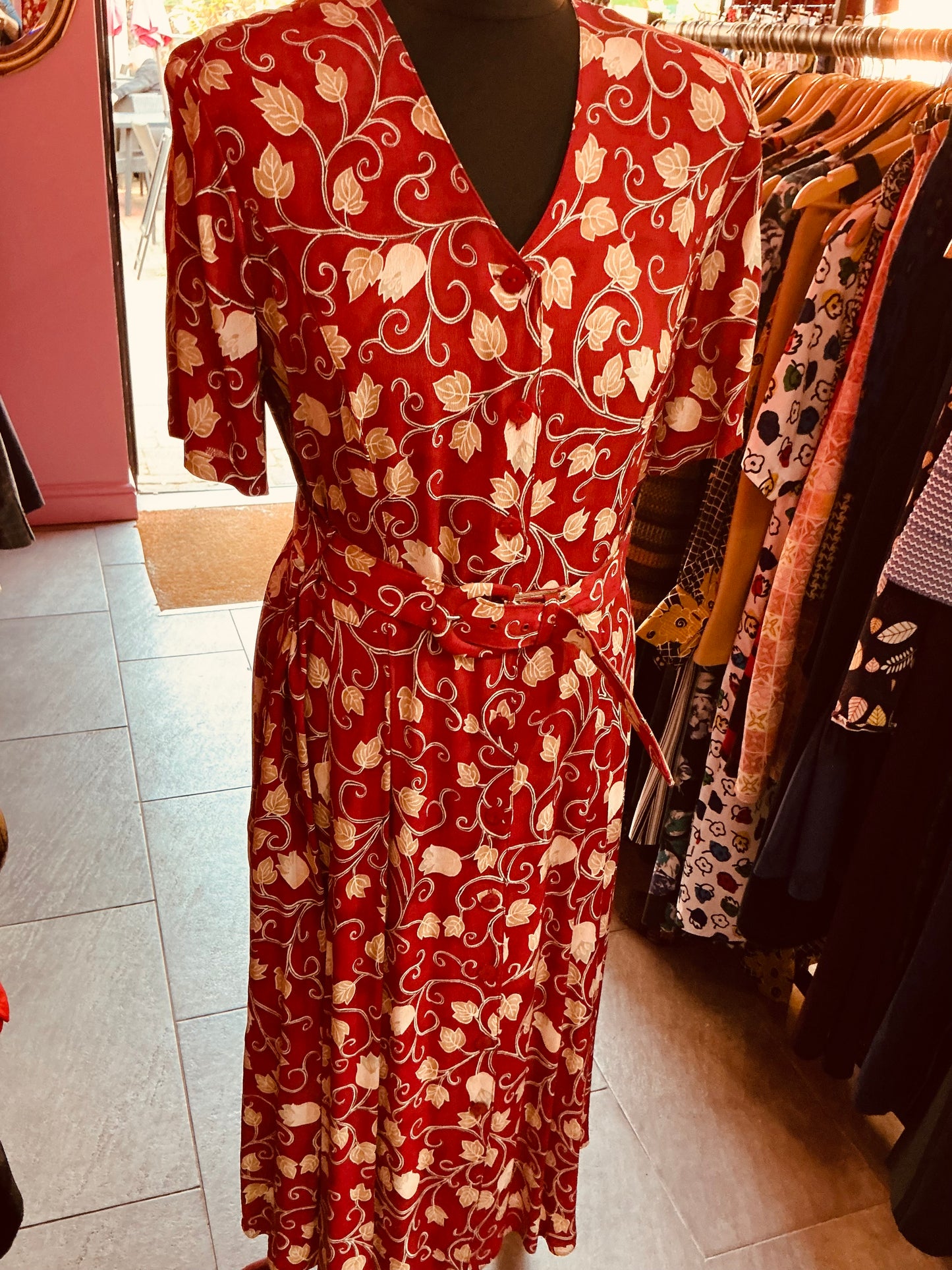 1980s Vintage St Michael Bugundy Leaves Mdi Dress with Belt
