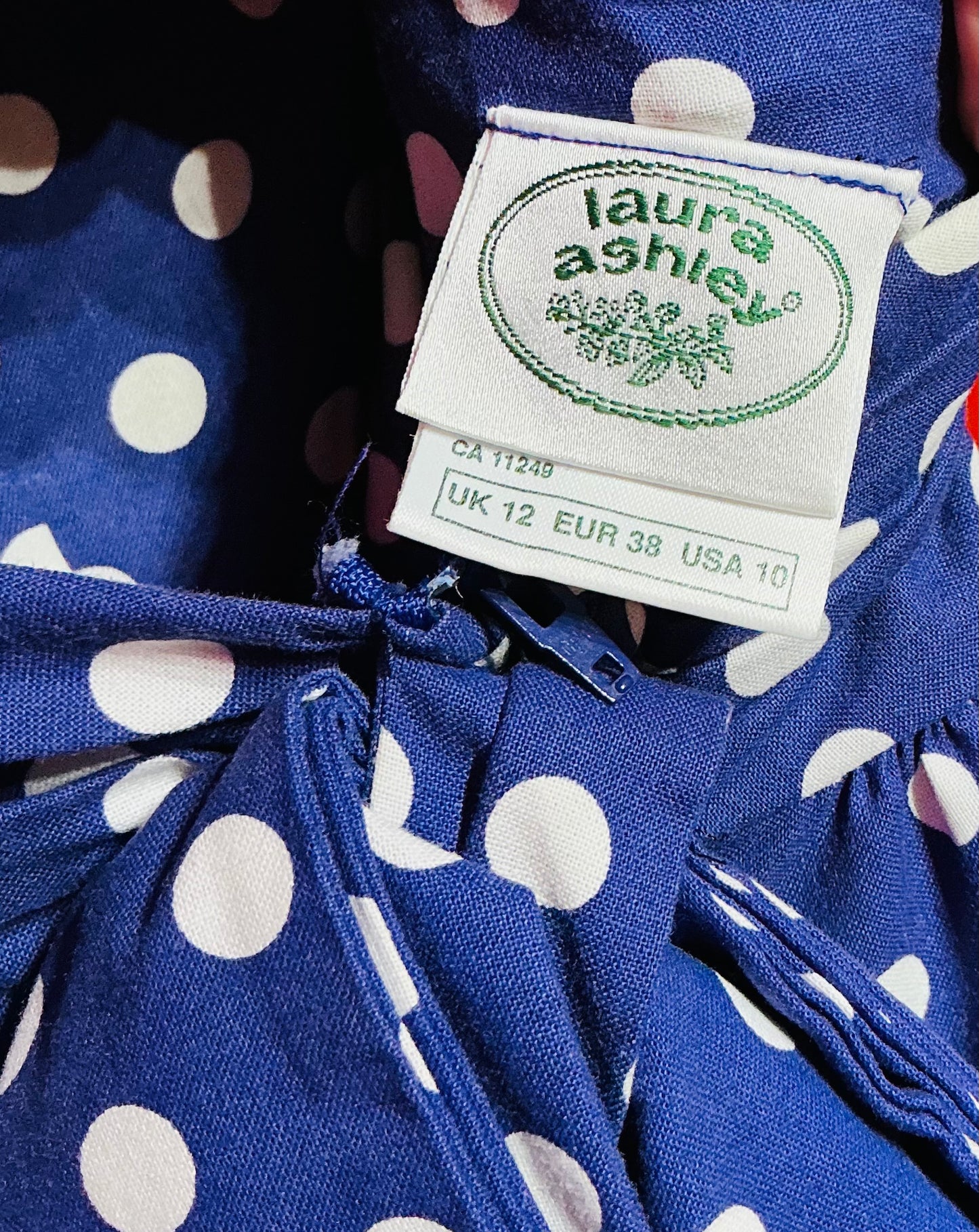 1980s Vintage Laura Ashley Blue Polka Dot Strapless Swing Dress