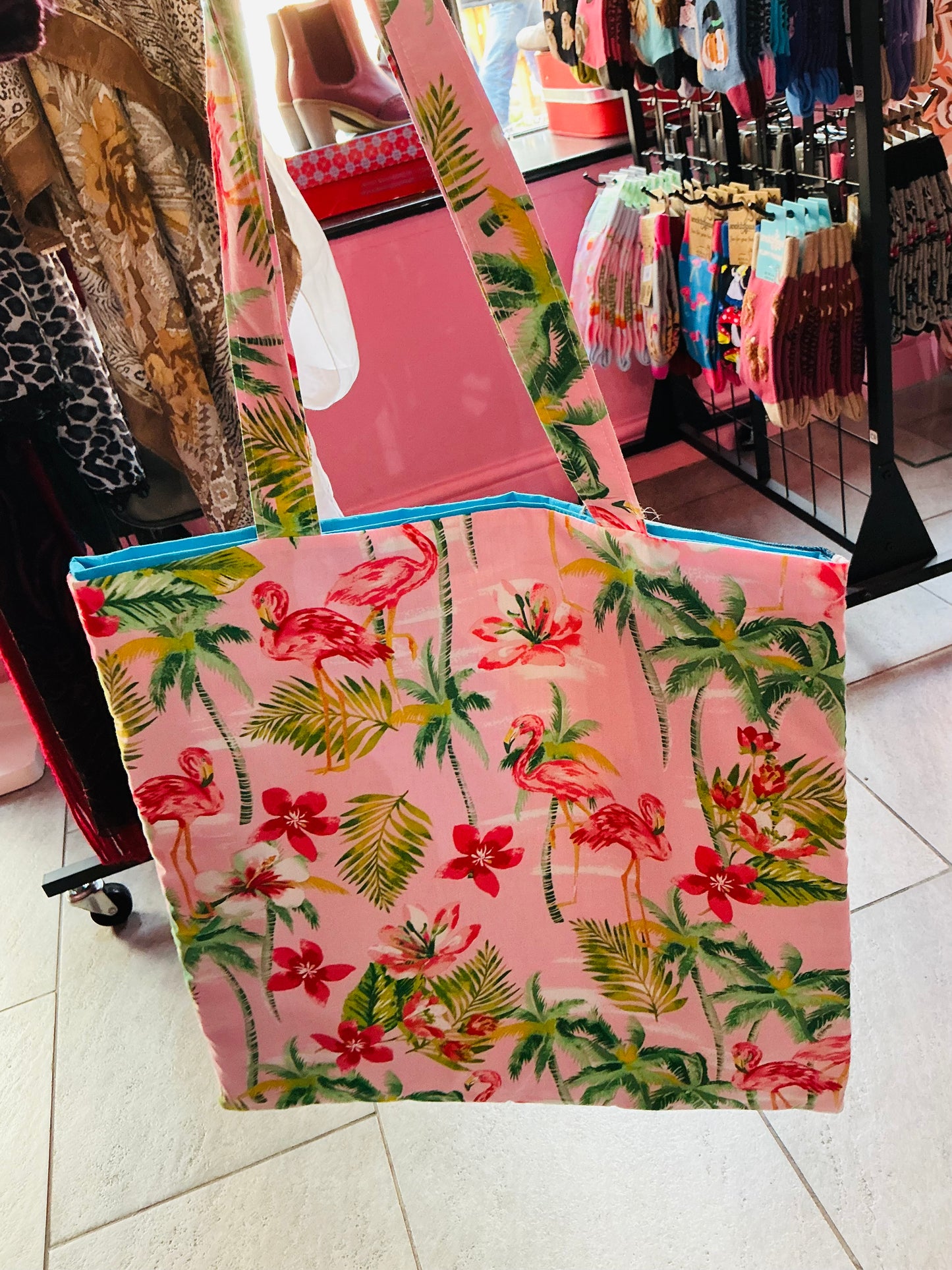 Handmade Vintage Fabric Flamingo Tote Bag