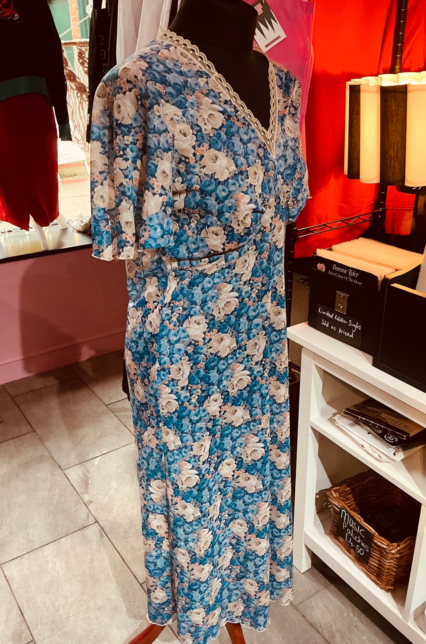 1970s Blue Floral Tea Dress