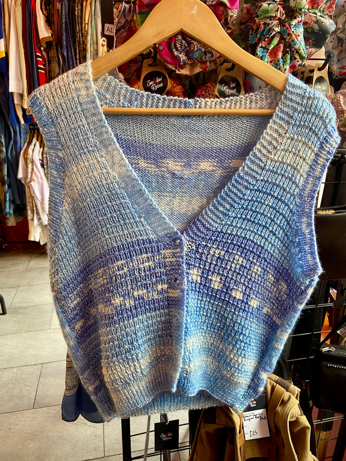 Hand Knit Blue Button Up Sweater Vest